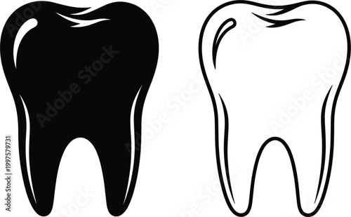 Human tooth vector icon set featuring black silhouette and linear outline versions for dental clinic branding oral health care hygiene and medical stomatology symbols isolated on white background.
