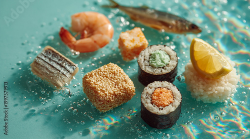 Assorted sushi pieces floating on water surface