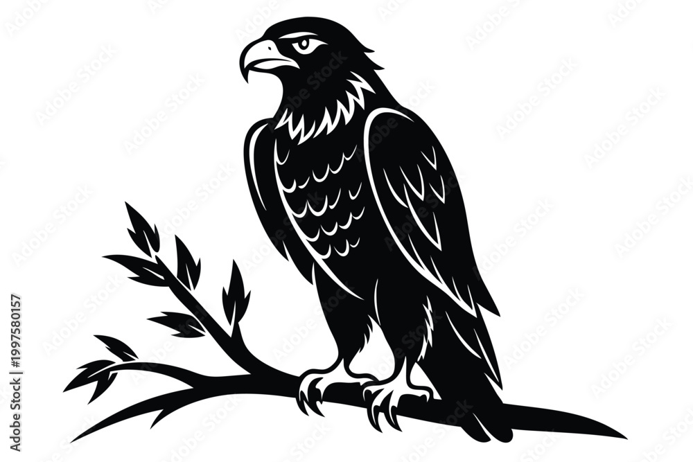 Obraz premium eagle setting on a branch silhouette line art vector illustration with a white background
