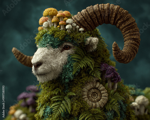 Ram with moss and mushrooms fantasy portrait