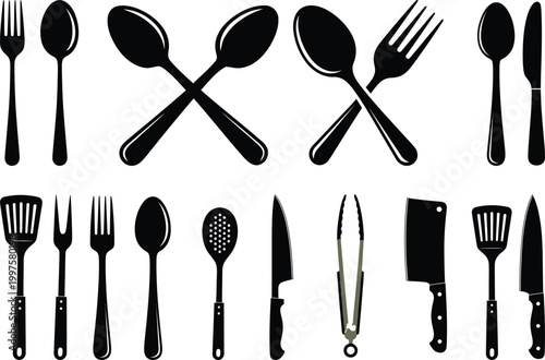 Black silhouette cutlery collection forks spoons knives and cooking utensils arrangement