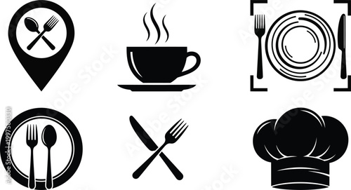 Culinary silhouette icons food location and chef's hat in black and white