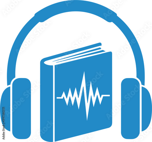 Audiobook icon featuring a blue book with a sound wave symbol inside a pair of headphones representing digital learning online education and podcast listening vector illustration isolated on white.