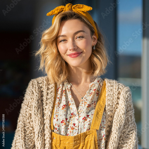Smiling woman with yellow headband portrait