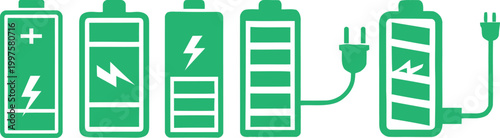 Battery charge levels illustration from full to low with charging cable