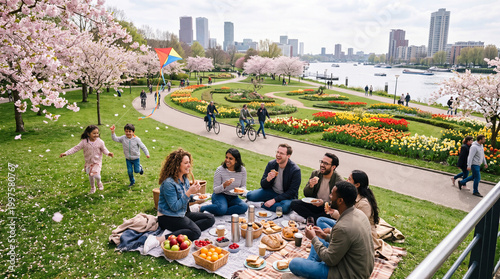 Picnic in the city park, friends had a picnic on a blanket on a green lawn in the city park in the spring, with a view of the embankment and blooming trees