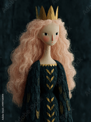 Stylized doll with crown and textured dress