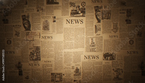 Bild auf Leinwand A seamless collage pattern of vintage newspaper clippings with various articles, vintage illustrations, and headlines in a sepia-toned retro style