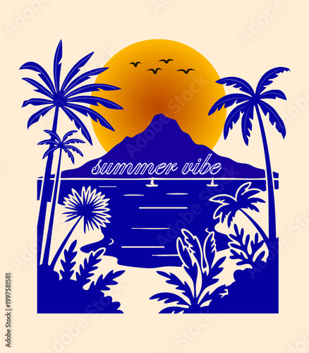 tropical island scene with palm trees sunset and birds silhouette