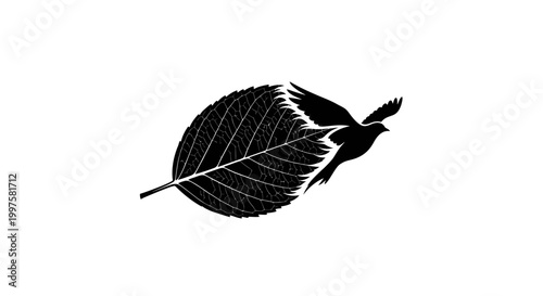 Black silhouette of a leaf with stem.