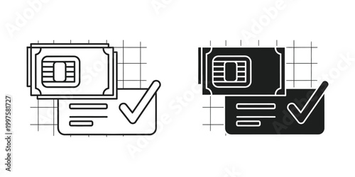 Sim card and document verification icons with check marks