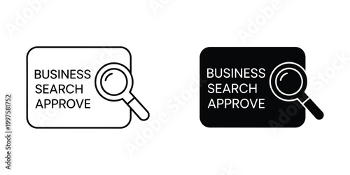 Icons representing business search and approval with magnifying glasses