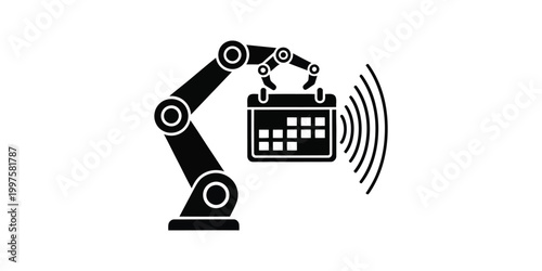 Industrial robotic arm interacting with a digital calendar interface via sound waves
