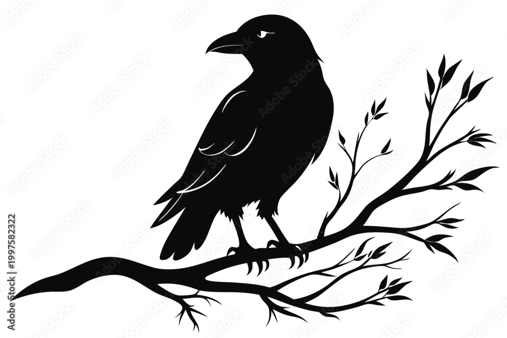 Fototapeta premium crow setting on a branch silhouette line art vector illustration with a white background