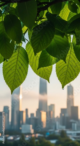 Dewy green leaves frame a hazy, sunlit cityscape at dawn