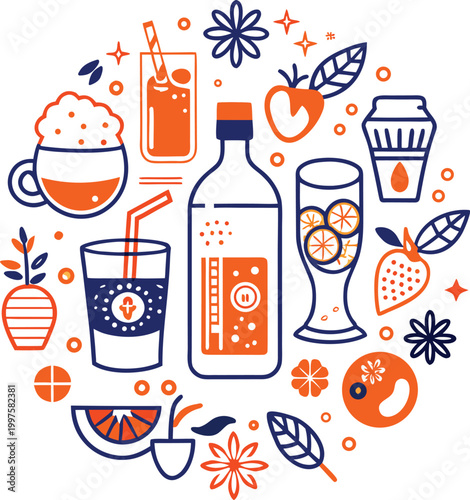 Refreshment drinks and beverage icons collection with fruit juices sodas and cocktails in a modern flat line art vector illustration