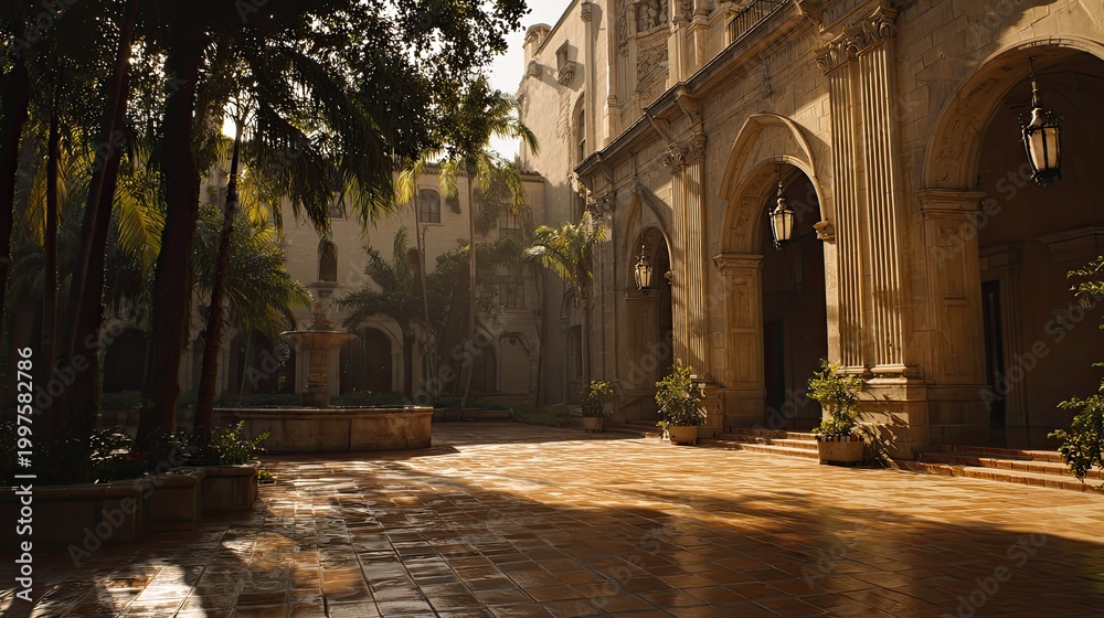 Obraz premium Grand old courtyard entrance bathed in morning light, with a tiered fountain, stone columns and archways, decorative lamps and palms creating a tranquil, timeless scene