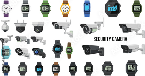 Large collection of security camera vector icons and digital wristwatches featuring various CCTV surveillance systems, smart watches, analog clocks, and modern electronic wearable tech devices.