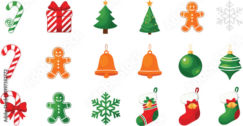 Collection of festive Christmas vector icons featuring colorful candy canes, gift boxes, pine trees, gingerbread men, bells, ornaments, snowflakes, and holiday stockings for seasonal designs.