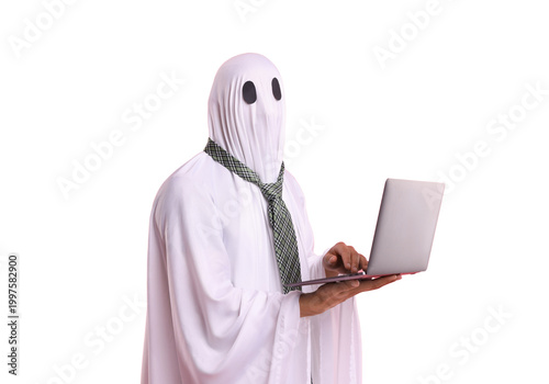 Funny ghost in white sheet using laptop with tie, office ghost isolated on transparent background PNG