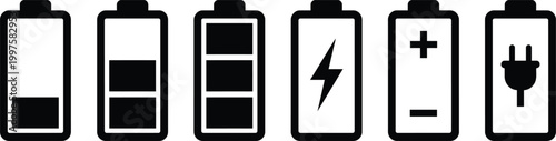 Black battery icons with different charge levels and symbols isolated on white background, Vector