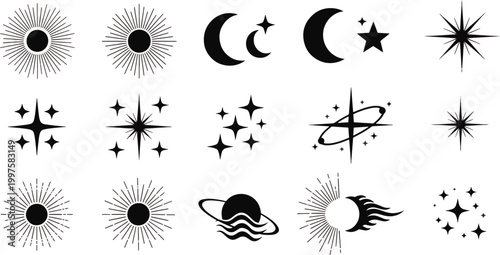 Collection of celestial celestial mystical sun moon and star icons for graphic design and astronomical branding projects in vector illustration