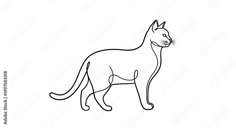 Fototapeta premium Minimalist single line drawing of a standing cat, elegant feline contour art