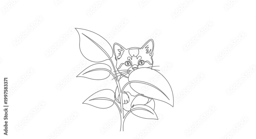 Fototapeta premium Cute Kitten Peeking Through Leaves, Line Art Illustration, Adorable Pet Outline