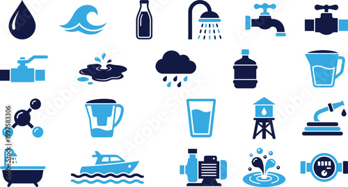 Set of flat water related icons collection on white background illustrating concept of water industry.