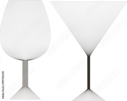Minimalist wine and martini glass vector set, abstract line art glassware illustrations, modern barware icons for menu design and cocktail branding
