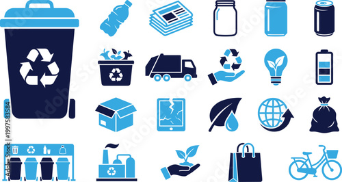 Fotografie Recycling and ecology icons set, representing waste management and environmental protection, blue theme
