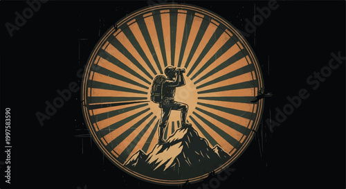 Cuadro en lienzo Explorer silhouette on mountain peak with binoculars and sunburst design