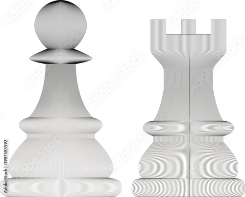 Minimalist white chess pieces, 3D rendered pawn and rook vector icons, strategic business competition concept, clean plastic game elements on white background
