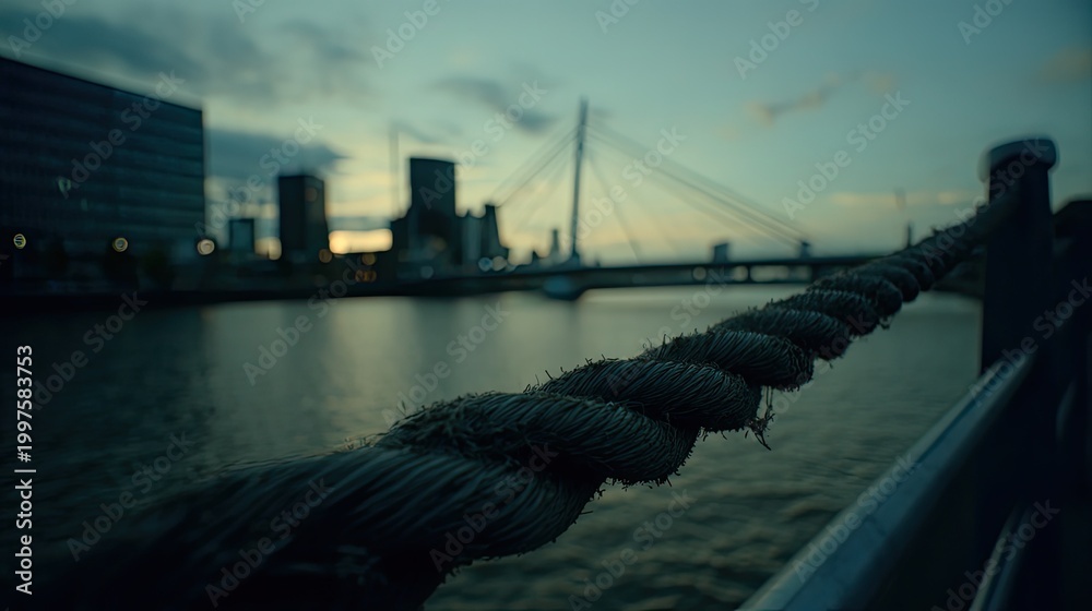 Obraz premium Thick nautical rope forming a protective barrier along a wharf, offering a close up perspective with a city skyline and cable stayed bridge blurring in the background at dusk