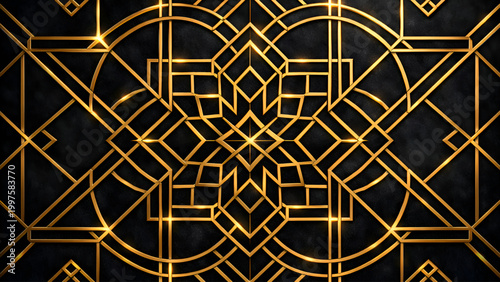 Abstract luxury gold geometric pattern on a dark textured background with Art Deco influence.
