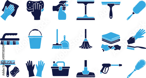Collection of cleaning supplies and tools icons for home and professional use.