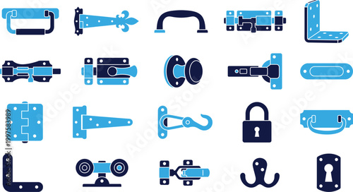Hardware and building materials icons for doors locks and furniture fittings.
