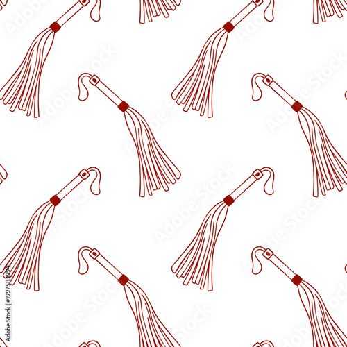 Red sketch pattern of a leather whip in simple line style, adult toys for sex games, minimalist repeat for toy store packaging or retail branding