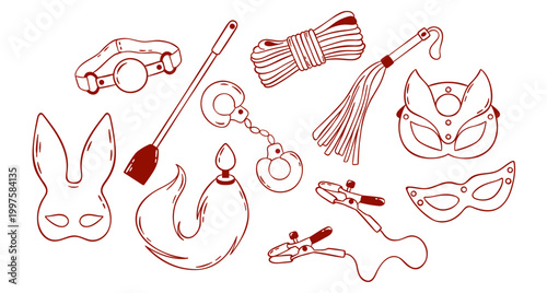 vector set of adult sex toys, accessories for bdsm sex games, simple linear red icon, doodle and sketch style