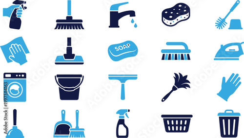 Household cleaning supplies and tools collection with spray bottle, mop, brush, and trash can icons.