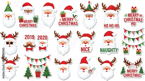 Collection of cute Santa Claus sticker vector illustrations featuring various facial expressions, reindeer antlers, Christmas trees, festive banners, and holiday greetings for seasonal winter designs.