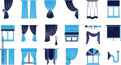 Assortment of decorative and functional window coverings including curtains blinds and drapes.