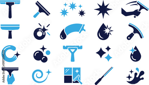 Collection of cleaning tools and symbols, focusing on window cleaning and sparkle effects.