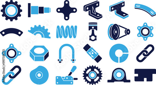 Mechanical and industrial engineering parts icons, gears, bolts, and fasteners.