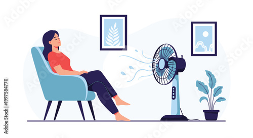 Relaxed young woman sitting in a chair in front of a floor fan to escape summer heat in flat vector illustration.