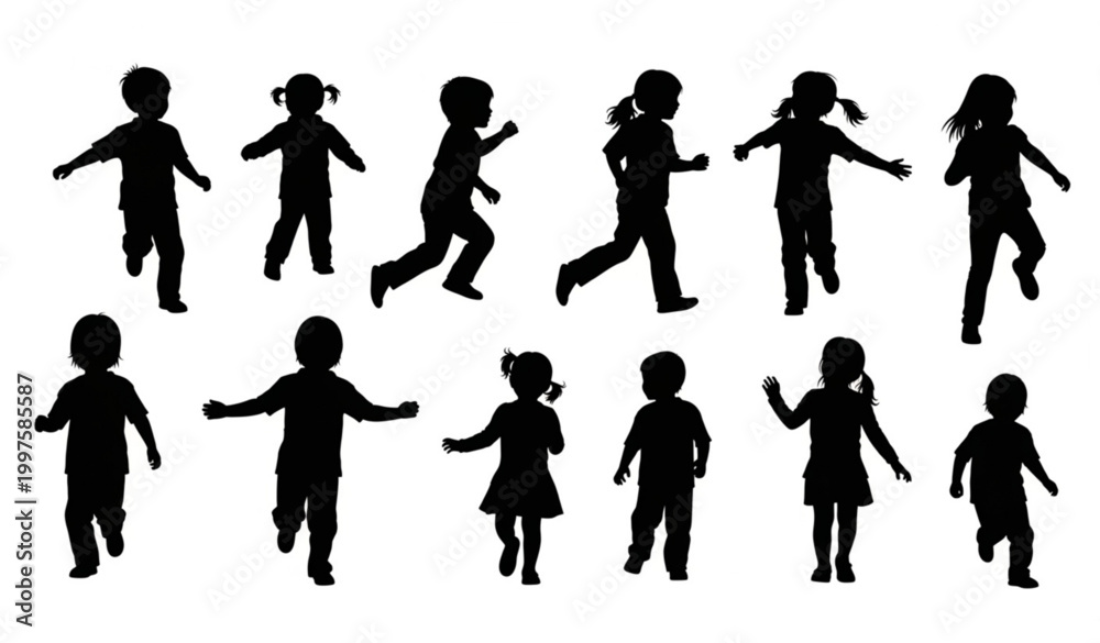Obraz premium Active child silhouettes vector collection with kids running jumping and playing isolated on white background