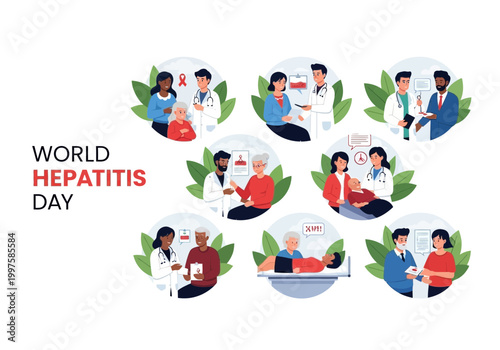 World hepatitis day awareness illustration with medical professionals and patients