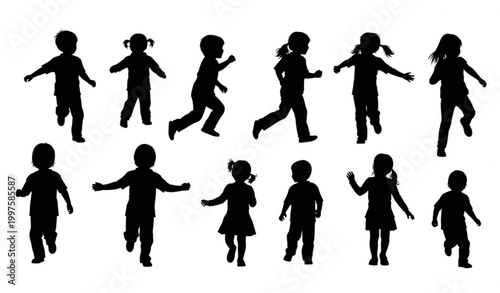 Active child silhouettes vector collection with kids running jumping and playing isolated on white background