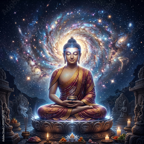 Enlightened Lord Buddha Meditation in Cosmic Galaxy Space