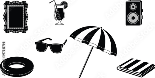 collection of summer items including sunglasses beach umbrella drink speaker frame lifebuoy and towel high quality professional detailed modern elegant stylish